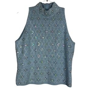 St. John Sweater Vest Womens 6 Blue Argyle Beaded Sequin Mock Neck Knit Zip Back